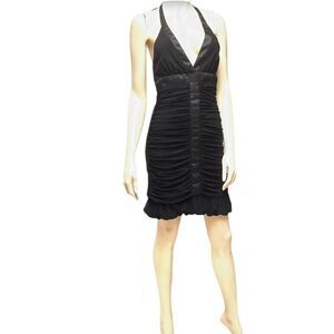 Cache Vintage Black ruffle mini dress with halter neckline and pleated details